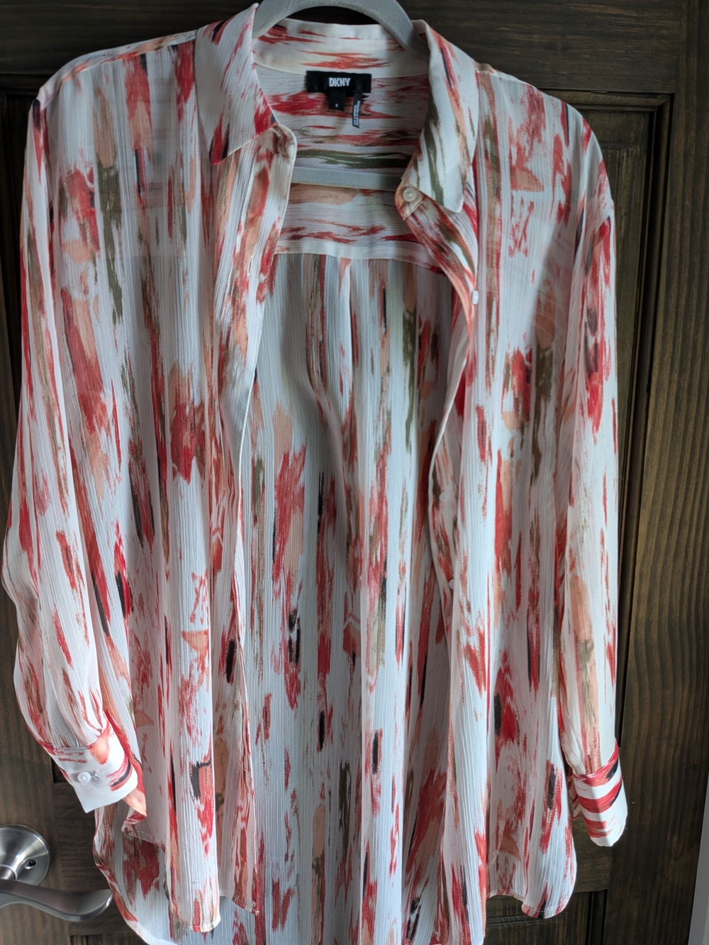 DKNY White Button-Down Blouse with Coral and Olive Brushstroke Print
